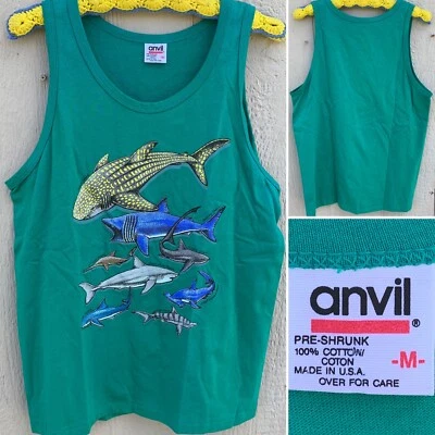 Vintage Shark Sharks Tank Top Made In USA L. HASSUR c 93 1993 M Medium 90s 1990s - Image 1 of 4