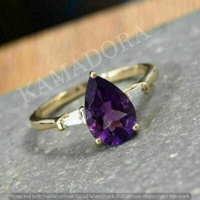 2Ct Pear Cut Purple Amethyst Solitaire Engagement Ring In 14k Yellow Gold Plated - Image 1 of 3