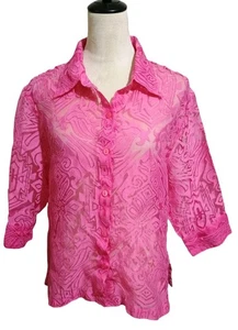 Choices Pink Sheer Button Up Blouse Burnout Aztec Design 3/4 Sleeve Womens Large - Picture 1 of 17