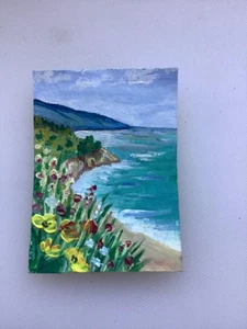 Original ACEO Coastal Landscape – Cliffside Blooms & Serene Sea View - Picture 1 of 3