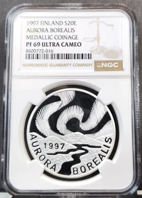 1997 FINLAND SILVER 20 EURO AURORA BOREALIS NGC PF 69 ULTRA CAMEO RARE GEM - Image 1 of 3