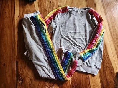 Lola + The Boys Rainbow Stripe Sequin Sweatpant Sweatshirt Set 2pc Girls 8 - Image 1 of 4