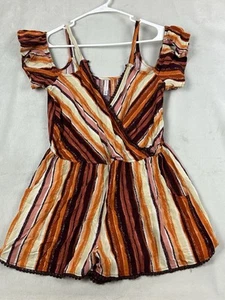Xhilaration Women’s Sz. M Orange/Brown Design Open Shoulder Romper w/ Pockets - Picture 1 of 8