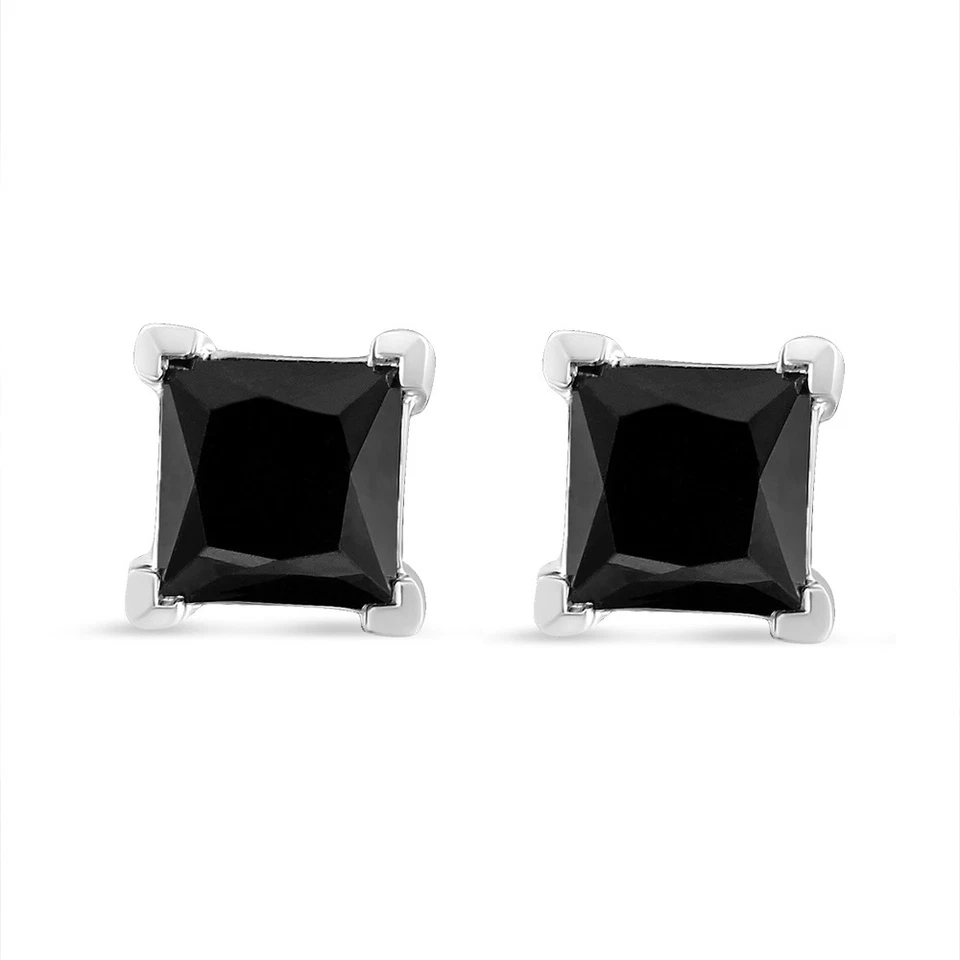 14K White Gold 3.00 Cttw Princess-Cut Treated Black Diamond Stud Earrings - Image 1 of 1