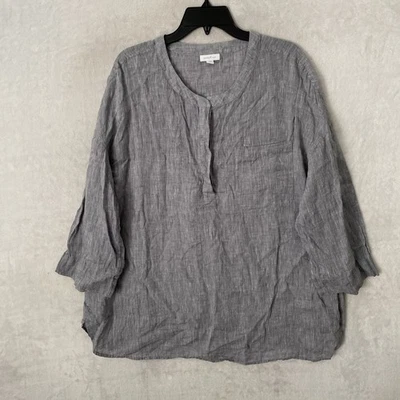 Blusa Top Mujer Jill Gris Sólido XL Lino Manga Larga Cuello Redondo Botones Foto 1 de 4