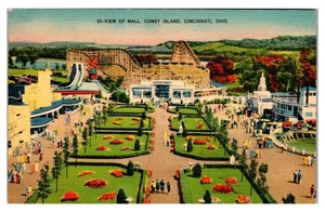 CINCINNATI OHIO - BIRDSEYE VIEW OF MALL & ROLLERCOASTER - VINTAGE LINEN POSTCARD - Picture 1 of 2
