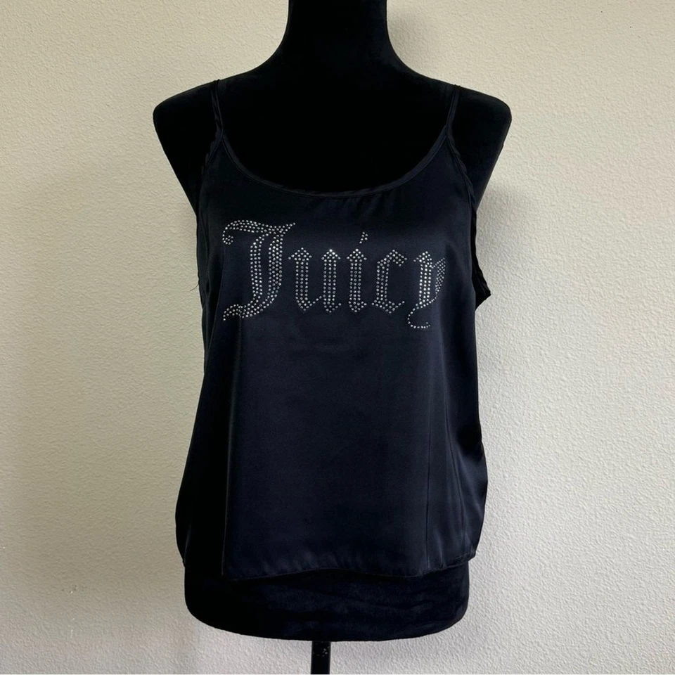 Juicy Couture top women large satin silky spaghetti strap rhinestone embellished - Image 1 of 4