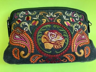 BOLSO BANDOLERA SHARIF FLORES ROSAS LONA BORDADA MONEDERO Gris MG Foto 1 de 3