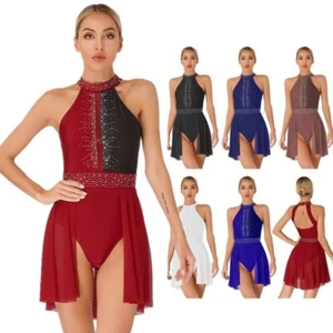 Womens Glitter Lyrical Dance Dress Contrast Color Halter Figure Skating Leotard - Picture 1 of 104