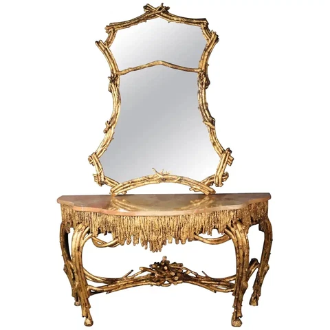 Large Gilded French Louis XVI Style Faux Bois Console Table with Mirror Cover