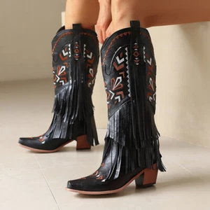 Western Cowboy Tassel Women's Knee High Boots Block Heels Embroidery Pointed Toe - Picture 1 of 25