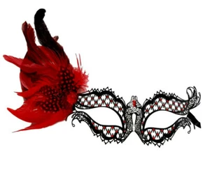 Red Black Dot Side Feather Masquerade Mardi Gras Metal Mask Dance - Picture 1 of 2