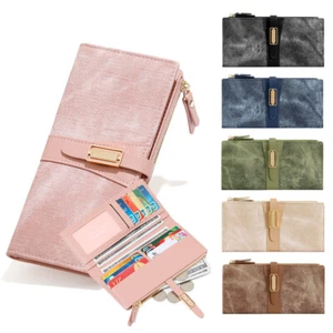 Women's Leather Clutch Bag Multi-card Slot ID Card Wallet Bifold Zipper Purse - Picture 1 of 14