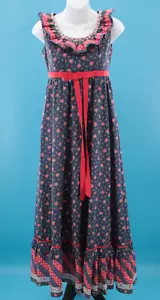 Vintage Damen 60er Marine & Rot Blumen Band Trim Rüschen Maxi Kleid Gr. XS/S 1960s - Bild 1 von 13