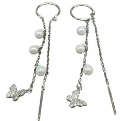 ORECCHINI ARGENTO 925 DONNA PENDENTI CATENINA CIONDOLI FARFALLA E PERLE FIRMATI - Immagine 1 di 4