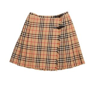 Burberry Mini Skirt Beige Nova Print Check Pleated Leather Buckle Size UK 6/8