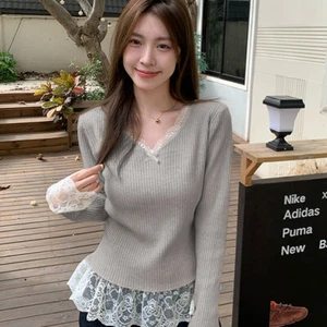 Ballet Style Temperament Lace V-neck Long Sleeve Slim Knitted Sweater For Women - Picture 1 of 13