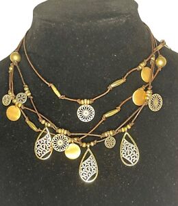 Necklace on Brown Leather Cord Multi Strand with Gold Bronze Silver Charms Boho 