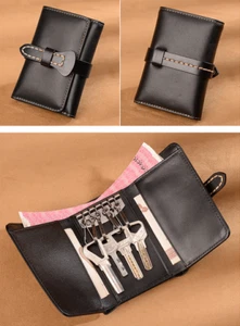 key bag wallet purse ID card holder pocket pouch case Cow Leather black W556 - Picture 1 of 6