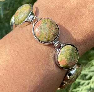 White Gold Plated Bracelet Bangle Jewelry, German Silver, Green Unakite 7.5 inch - Picture 1 of 7