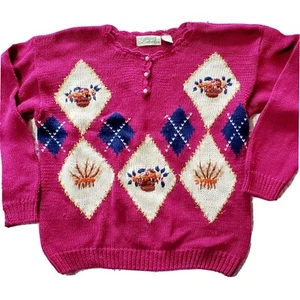 Vintage Womens Size Large Fuschia Pink Floral Argyle Preppy Sweater Ramie Cotton - Picture 1 of 12