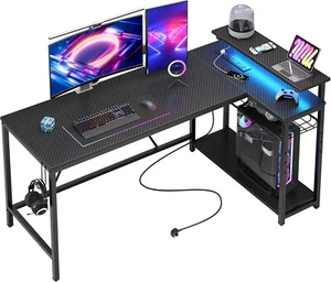 Bestier L Shaped Desk With Power Outlets & LED Lights - 147CM Reversible Gaming - Picture 1 of 9