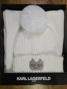 KARL LAGERFELD Paris Knit Hat & Scarf Set, Glitzy Cool Kitty, New - Picture 1 of 3