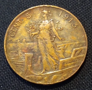 1913 Italien 5 Centesimi ss geringe Auflage attraktive Welt Kupfermünze - Bild 1 von 2