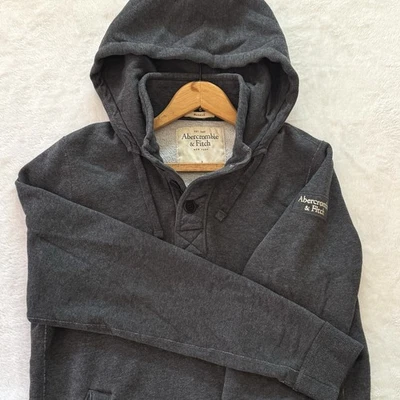 Y2K Abercrombie Fitch Gray Muscle Fit Henley Button Hoodie Sweatshirt Mens Large - Image 1 of 4