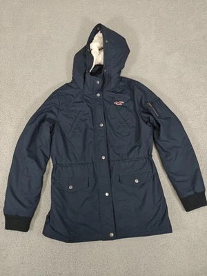 Hollister Jacket Womens Large Navy Hooded Parka Sherpa Hood Plaid Quilted Lining - Image 1 of 4