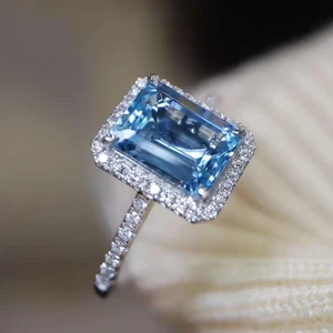 Hermoso anillo real de oro blanco de 18 quilates con diamantes aguamarina natural talla esmeralda de 3,60 quilates - Imagen 1 de 9