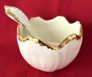 Vintage White Ceramic Condiment Bowl Gold Trim w Small White Ladle Handcrafted - Picture 1 of 6