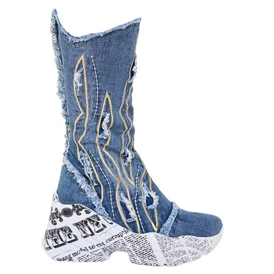 Denim Boots Shoes, Handmade Women's Sports Boots,Women's Sexy Boots,Birthday Gif - Image 1 of 4