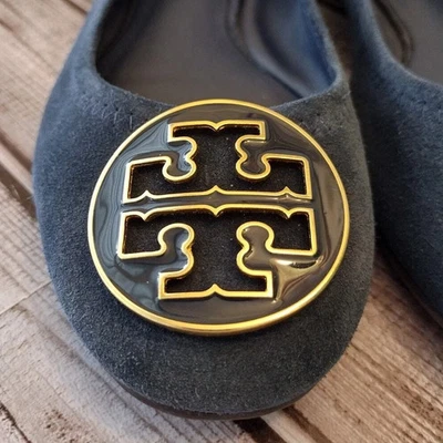 Ballet de Viaje Tory Burch Reva Pisos Azul Gamuza Dorado Logo A20A Usado en Excelente Condición Talla 7M Foto 1 de 4