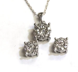 10k white gold .52ct Diamond pendant necklace earrings set halo - Bild 1 von 6