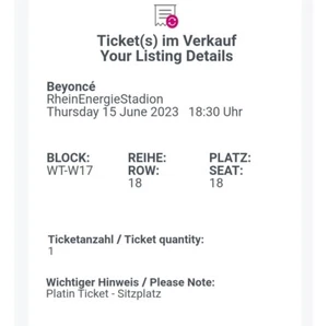 Beyonce Ticket 15 Juni 2023 Köln - Bild 1 von 1