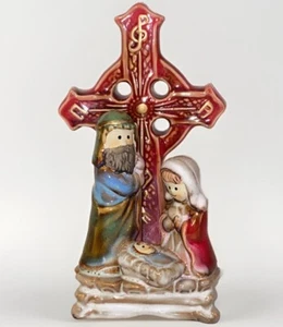 Stoneware Pottery Celtic Cross with Holy Family Nativity Christmas Decoration - Picture 1 of 12