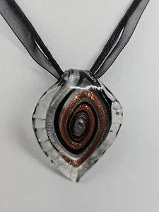 Art Glass Pendant on Ribbon Cord Black And Gold - Picture 1 of 4