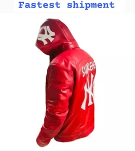 NY Yankees Pure Red leather Jacket With Removeable hooded - Picture 1 of 5