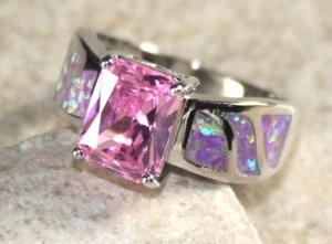 Eleganter rechteckiger Ring Silber rosa Feueropal & rosa Kunzit Größe 6, WR41303 - Bild 1 von 2