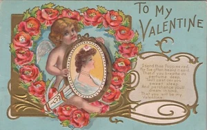 Postal San Valentín Amapola Corazón Dorado Cupido San Valentín Serie 1 1909 - Imagen 1 de 2