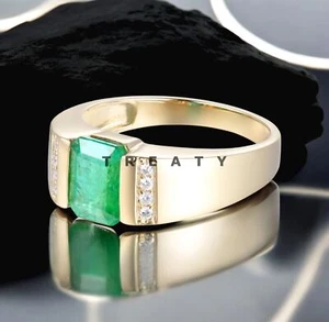 Emerald Octagon Cut With 925 Sterling Silver Gold Plated Ring For Men's #489 - Picture 1 of 6