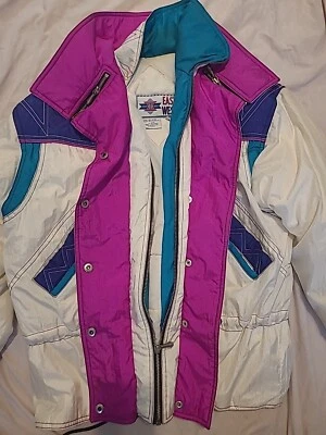 90s 80s East West Mulit Retro Color Purple Green Block Ski Jacket Puffer Coat S - Image 1 of 4