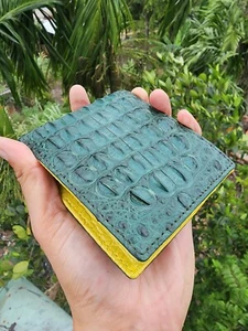 Green/Yellow Doubeside Genuine EXOTIC Leather Skin Men's Bifold Wallet - Picture 1 of 11