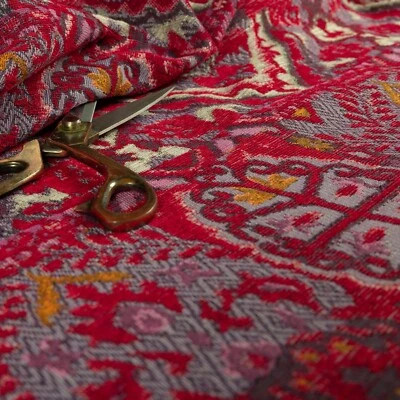 Kilim Medallion Patchwork Red Purple Chenille Upholstery Furnishing Fabric Sale - Image 1 of 4