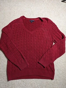 Tommy Hilfiger Sweater Women's 2XL Maroon V-Neck Cable Knit Long Sleeve Pullover - Picture 1 of 7