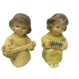 2 Japan Angel Figurines Vtg 4" Ceramic Playing Musical Instruments - Picture 1 of 10