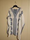 Raj Cotton Gauze Embroidered Tunic Top Onesize White w Colorful Flowers V Neck