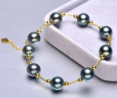 7.5-8" Stunning AAA+ 8-9mm real natural Tahitian black round pearl bracelet 18k - Image 1 of 4