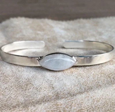 Solid 925 Silver Moonstone Marquise Gemstone Adjustable Women's Bangle  SV241 - Image 1 of 4